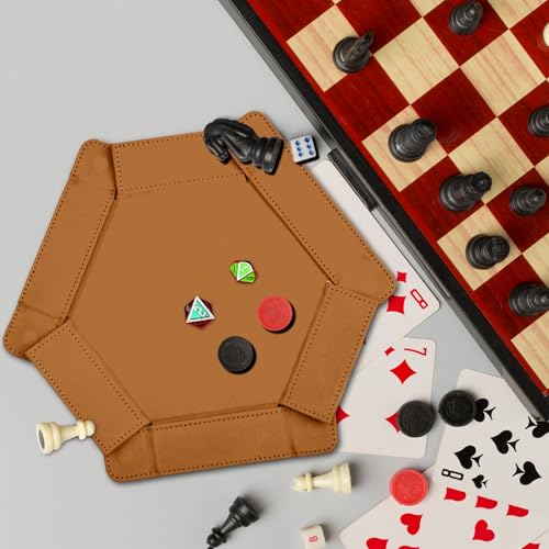 SIQUK Magnetic Folding Dice Tray Hexagon Dice Rolling Tray PU Leather Dice Trays Foldable Dice Holder Dice Rolling Mat Storage Box for D&D RPG Dice Games, Camel - color: Camel