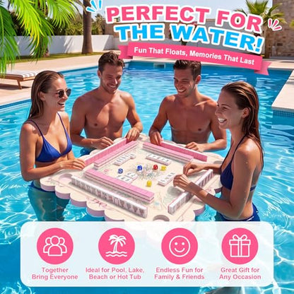 Thenshop 2-in-1 Floating Mahjong Set, 30x30 Inch Large Game Table for Pool & 160 Classic Art Mahjong Tiles with Storage Bag and 6 Dice, Hot Tub Float Board for Card Games Adults Summer Party Supplies