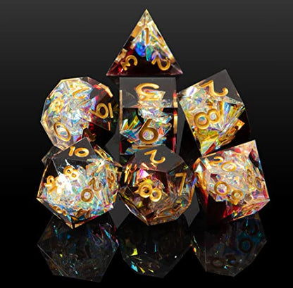 Sharp Edge DND Dice Set Handmade 7 Accessories Dice for Dungeons and Dragons TTRPG Games, Multi-Sided RPG Polyhedral Resin Sharp Edge Dice Roleplaying Games (Sequin Red) - color: Sequin Red