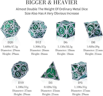 RULE DICE DND Metal Dice Set， D&D Dungeons and Dragons Dice, Cool Large Weighted 7 die Green Metal DND Dice Set, RPG MTG Role Playing Polyhedral Dice Set with D & D Gifts Box, D and D Dice Set - color: Silver-green
