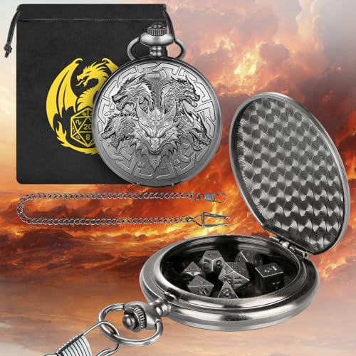 Mini DND Dice Set with Retro Five Dragon Heads Pocket Watch Shell Case, DND Starter Set, 7pcs Polyhedral Mini Metal Dice Set, D&D Gifts with Gift Box, Role Playing Board Game Accessories, Silver - color: Dark Silver