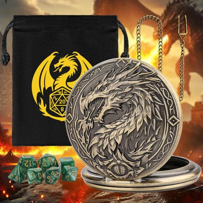 Dragon Breathing Fire Design DND Dice Set with Bag, Small Green Acrylic Polyhedral Dice with Pocket Watch Case and Chain, DND Starter Set, RPG Board Game Accessories, Dragon Gifts for Men Women Gamer - color: Dragon Breathing Fire