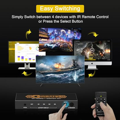 CORSAHD 8K@60Hz HDMI 2.1 Switch 4x1 4K 120Hz 48Gbps,HDCP 2.3,ARC,VRR,CEC,HDMI Switcher 4 in 1 Out,4 Port HDMI Selector,IR Remote,3D,HDR 10,Dolby Atmos,for TV,PS5,Xbox,Fire Stick,Roku,Blu Ray,Projector