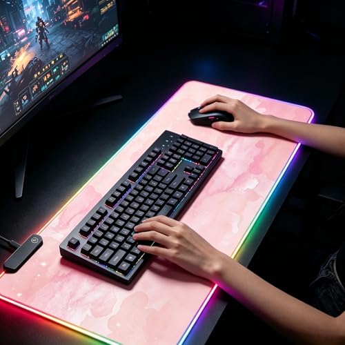 RGB Large Gaming Mouse Pad, Extended Mouse Pad with 12 Lighting Effects, Water Proof Mutispandex Surface, Non-Slip Rubber Base, 80x30 cm / 31.5×11.8 in (Pink Nebula) - color: Pink Nebula