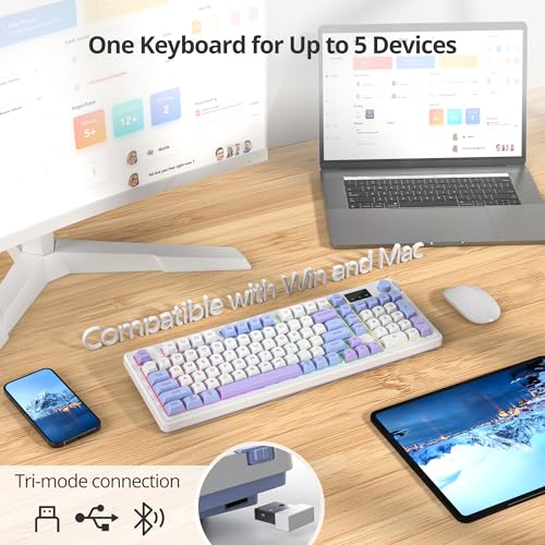 Fogruaden 96% Quiet Silent Wireless Gaming Keyboard with Number Pad & Knob, Mechanical Feel, Spill-Resistant, Multimedia Keys, Wired/BT/2.4G, USB Rechargeable Membrane Computer Keyboard for Win/Mac - color: WhitePurple
