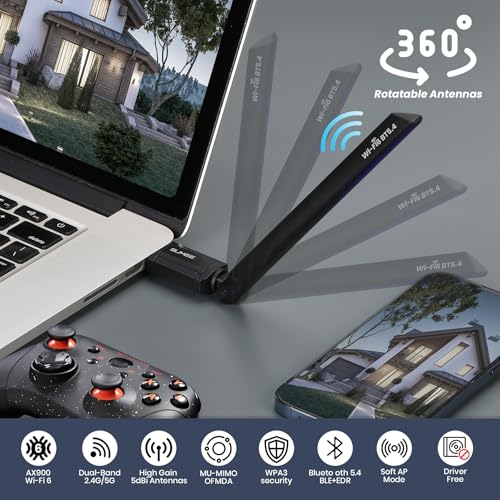 SUMEE 2-in-1 USB Bluetooth 5.4 & WiFi 6 Adapter for PC Desktop, AX900Mbps Dual-Band 5GHz/2.4GHz, 6dBi High Gain Antenna, Wireless Transmitter/Receiver, Plug & Play for Windows 10/11/7 - style: BT5.4+WIFI