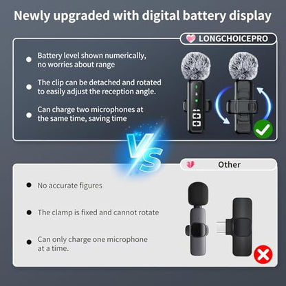 Microphone for iPhone & Android, Wireless Mini Microphone | Battery Display, Clear Voice, Noise Cancelling, 3 in 1 Lavalier Mic for TikTok, YouTube & Interviews, Dual Mic - style: USB-C+Lightning+USB-A+3.5mm Jack