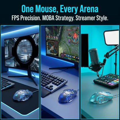 Gaming Mouse, 1600 DPI Wired Optical Mouse with 6 Programmable Buttons & Backlit Modes, Software Supports DIY Keybinds Rapid Fire Button Silver - color: Silver