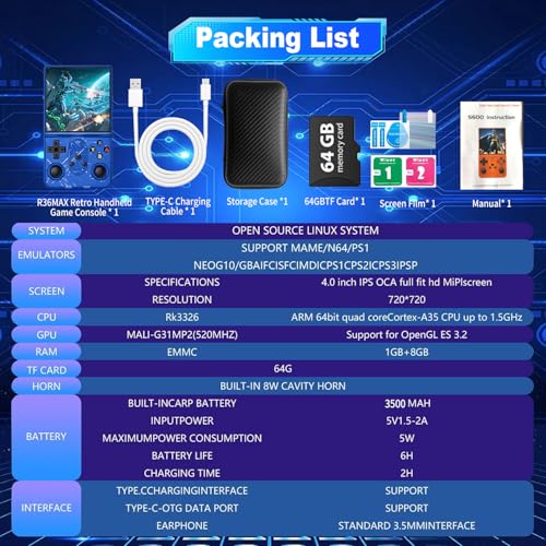 S600 Retro Gaming Console, Retro Handheld Console 4.0'' Screen Linux System, 64G TF Card, Support 30+ Simulators, 3500mAh Rechargeable Portable Pocket Arcade - color: Blue