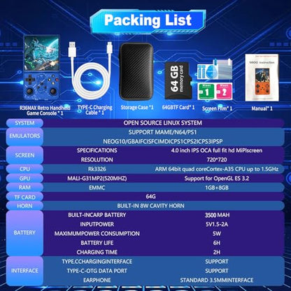 S600 Retro Gaming Console, Retro Handheld Console 4.0'' Screen Linux System, 64G TF Card, Support 30+ Simulators, 3500mAh Rechargeable Portable Pocket Arcade - color: Blue