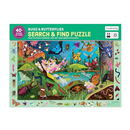 Mudpuppy Bugs & Butterflies — 64 Piece Search & Find Puzzle Jigsaw Puzzle Featuring Diverse Bugs and Insects and Over 40 Hidden Images to Find for Ages 4+ - color: Bugs & Butterflies