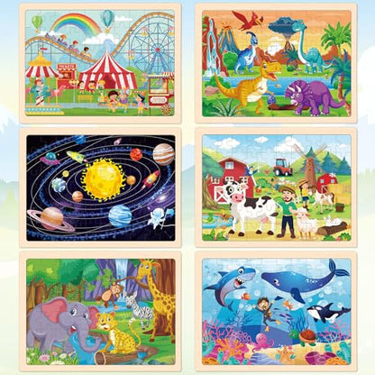 6-Pack Wooden Puzzles for Kids Ages 3-5, 60-Piece Animals Jigsaw Set | Toddler Puzzles Ages 3-5, Preschool Puzzles with Wooden Jigsaw Boards for Fine Motor Skills, Shape Recognition and Travel - style: Animals