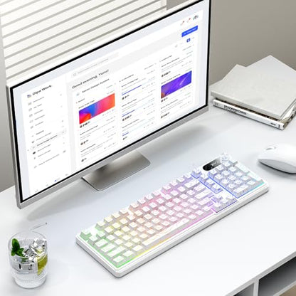 OHY XVX Wireless Keyboard,99Keys Quiet Typing Membrane Gaming Keyboard with Logo Display & Knob, RGB Backlit, USB C Rechargeable, 94 Keys PBT Keycap for Windows PC, Mac, Linux-White