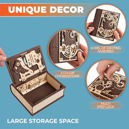 UGEARS Wooden Model Kits for Adults to Build - Book of Secrets 3D Wooden Puzzles for Adults with Steampunk Combination Lock – DIY Mechanical Puzzle Books for Adults – Medium Difficulty 263 Pcs
