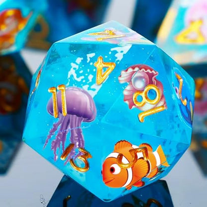 DND Dice Set 7-Pcs Sharp Edge Blue Marine Life Style Resin Dice Polyhedron Resin Sharp Edge dice Role-Playing Game RPG MTG Board Game (Marine Life - Golden) - color: Marine Life - Golden