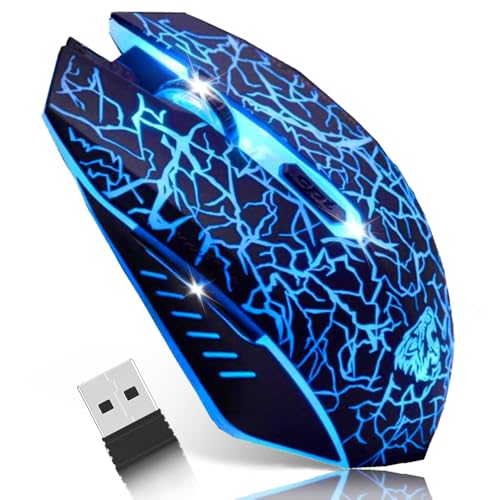 VEGCOO C10 Wireless Gaming Mouse Rechargeable Silent Optical Mice 7 Colors LED Lights, 7 Buttons 2400/1600/800DPI (Black) - color: black