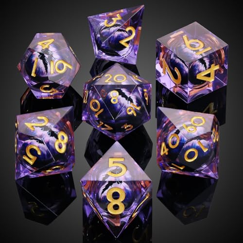 MoKo Liquid Core DND Dice Set 7PCS, Purple + Gold | Sharp Edge Resin Polyhedral, D20 D12 D10 D8 D6 D4 D%, Gift Box Included, Compatible with Dungeons and Dragons RPG - color: 1 - Purple + Gold