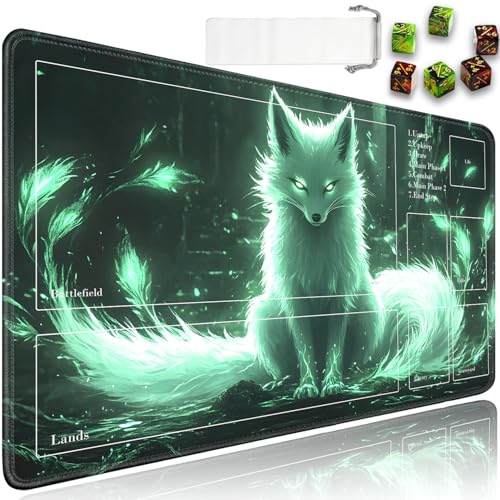 for MTG Playmat with Zones, for TCG Playmat and Board Game Mat with Storage Bag and 6 Dice, 24x14in Non-Slip for MTG Mat, Enchanted Glowing Fox Pattern Magic Trading Card Mat Mousepad - color: Jv-playmat-p7-2k-d117