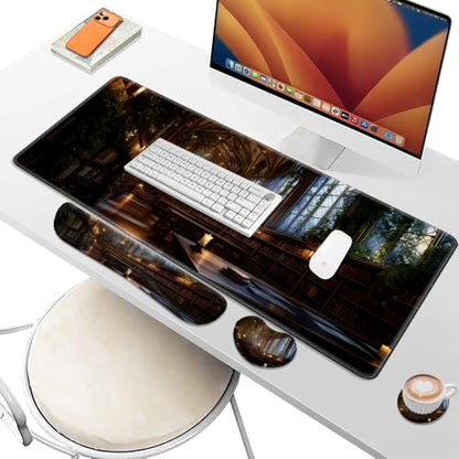Desk Pad and Keyboard Wrist Rest, Large Mouse Pad + Keyboard Pad+Mouse Wrist Support, Non-Slip Desk Mat Protector for Office, Home 31.5×11.8 Inches Cathedral - color: Cathedral