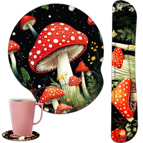 Keyboard Wrist Rest and Mouse Pad Wrist Support Set with Coasters,Ergonomic Gaming Mousepad for Home Office Working Studying Easy Typing & Pain Relief,Cute Forest Mushroom - color: Cute Forest Mushroom, size: 3 PCS