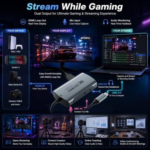 Guermok 4K@60FPS Capture Card for Streaming, 2K@120FPS USB 3.0 HDMI to USBC Camera Video Capture, 4K60 Passthrough, 3.5mm Audio in & Mic Out, Works with Switch 2/1, PS5/4, Xbox, Pad, Mac, PC