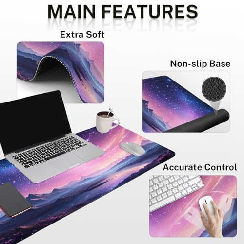 Arttown Keyboard Mouse Pad Set, 4 in 1 Desk Mat Set Galaxy Nebula | Night Sky Mountains Large Mousepad+Keyboard Wrist Rest+Mouse Wrist Rest+Coaster Ergonomic Design for Home Office Computer - color: Purple Starry Sky