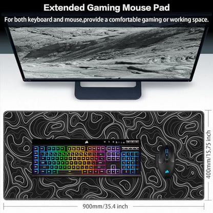 Canjoy Gaming Mouse Pad, Topographic Large Mouse Pads for Desk 35.4x15.7in | Full Desk Mousepad Keyboard Mat Big Large Extended Mouse Pad Computer Mat with Anti-Slip & Double Stitched - color: Black Topographic, size: 900*400mm