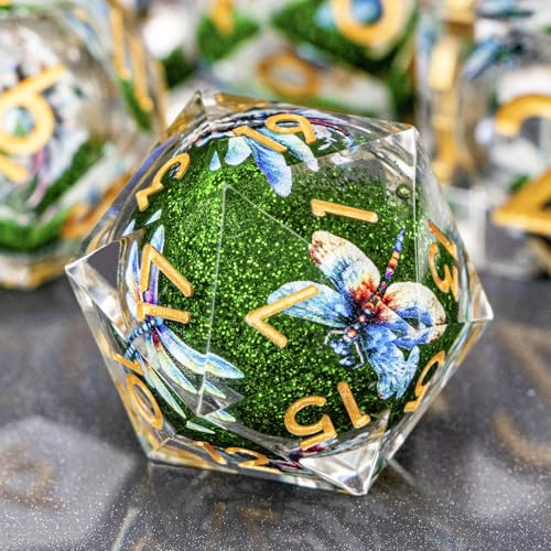 DND Dragonfly Dice 7PCS Polyhedral Sharp Edge Dice Set with Gift Case for Dungeons Dragons Role Playing Game, RPG Resin D and D Dice D6 D8 D10 D12 D20 D% (Gold Green) - color: Qt-gold Green