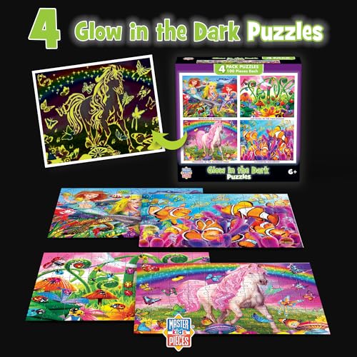 MasterPieces – Jigsaw Puzzle Set for Kids 6+ Years, 4-Pack of 100 Pieces, Educational and Fun Game, Purple Glow in the Dark Collection, Gift Idea for Children, 8" x 10 - style: Glow in the Dark V1