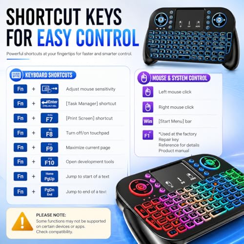 Mini Wireless Keyboard with Touchpad, Bluetooth + 2.4GHz RF Remote Control, 7-Color Backlit Rechargeable Keyboard for Smart TV, Android TV Box, Fire Stick, PC, Laptop, HTPC, Raspberry Pi & Tablet