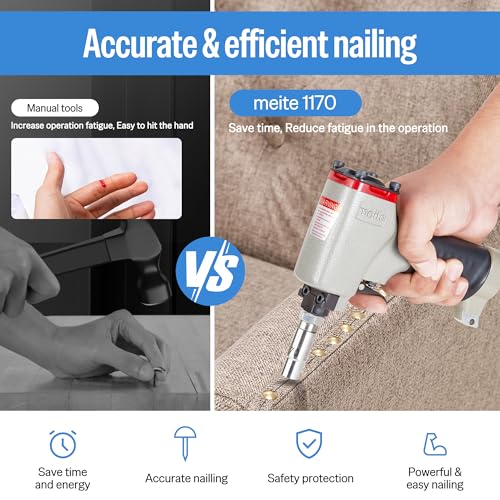 meite 1170 Pneumatic Deco Nail Gun 7/16 Inch (11.7mm) Head Diameter Air Decorative Tack Nailer Pins Nailer for Sofa Leather, Upholstering Furniture