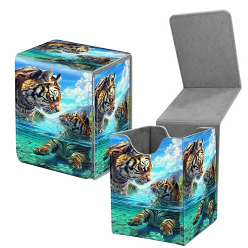 Card Deck Box for Trading Cards,MTG Commander Deck Box Fits 100+ Single Sleeved Cards,Leather Magnetic Card Storage Box for YuGiOh TCG CCG Cards,Cute Tiger - color: Cute Tiger