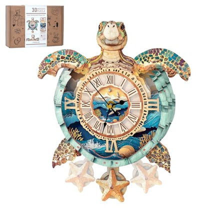 3D Puzzles for Adults, 3D Puzzle Sea Turtle Clock Kit (with Pendulum), Wooden Puzzle for Adults Home Wall Decor Clock Christmas Day Puzzle Gifts for Women Men