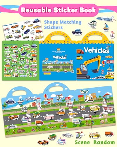Walenced Reusable Sticker Book for Toddlers, Travel Stickers for Kids, Toddler Craft Activities Toys, Birthday Gifts for Boys & Girls - style: Transport