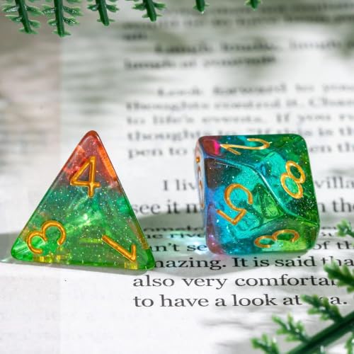 Glitter DND Dice Set Green Polyhedral Dice for D&D Tabletop Games | Leather Storage Bag, DM Gift, for Dungeons and Dragons Role Playing Games - color: Glitter-green&blue&pink