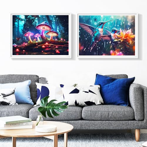 Edsjegn 2 Pack 1000 Piece Puzzle for Adults Jigsaw Puzzles 1000 Pieces 2000 Piece Puzzles for Adults Hummingbird Mushroom Jigsaw Puzzles White Elephant Gifts - color: Hummingbird + Mushroom