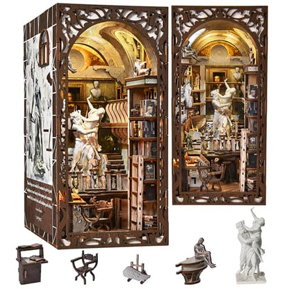 MiniCity Bernini Workshop Book Nook Kit, DIY 3D Wooden Puzzle with LED | Create a sculpture studio for display; LED lighting, glue/tools and guide included; 436 pieces, 6-8 hr build, ages 14+. - style: Bernini's Workshop