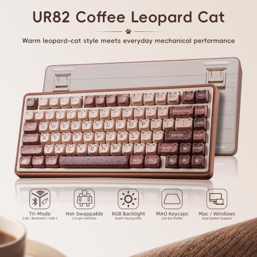 ZORNHER UR82 Mechanical Keyboard,75% Wireless Creamy Gaming Keyboard with Cute Leopard Cat Kawaii Glowing Kitty Ear Mao Keycaps, Aesthetics Compact Brown Keyboard for Home Office,Coffee Brown - color: Leopard Cat