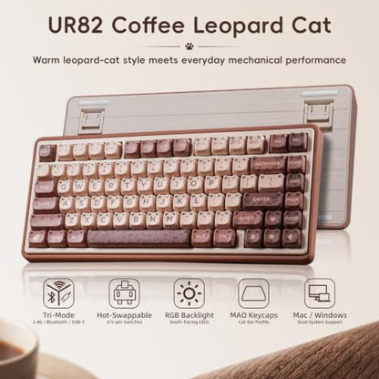 ZORNHER UR82 Mechanical Keyboard,75% Wireless Creamy Gaming Keyboard with Cute Leopard Cat Kawaii Glowing Kitty Ear Mao Keycaps, Aesthetics Compact Brown Keyboard for Home Office,Coffee Brown - color: Leopard Cat