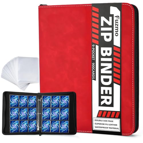 9 Pocket Trading Card Binder, 900 Cards Zip Album, Red | 50 Pcs Double Sided Sleeves, 3 Rings, Card Organizer for Baseball, Football, Basketball, Sports, Game Cards - color: Red