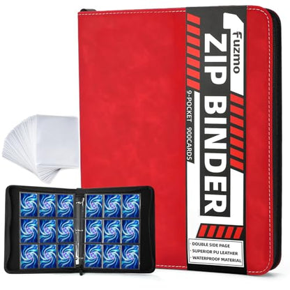 9 Pocket Trading Card Binder, 900 Cards Zip Album, Red | 50 Pcs Double Sided Sleeves, 3 Rings, Card Organizer for Baseball, Football, Basketball, Sports, Game Cards - color: Red