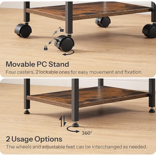 HOOBRO PC Stand, 2-Tier PC Tower Stand Fits Most Computer Towers, CPU Holder for Floor, Height Adjustable, CPU Stand with Wheels Under Desk, for Home Office, Rustic Brown and Black BF11CJ01 - color: Rustic Brown, Black