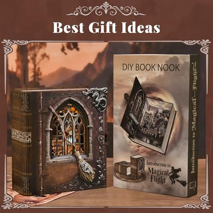 MiniCity Book Nook Kit, DIY Miniature House Kit for Adults, Teens and Beginners, Dollhouse Booknook Library Tiny House Bookshelf Decor (Introduction to Magical Flight) | Open the book-style case to reveal a flight academy; 154-piece LED model includes dus