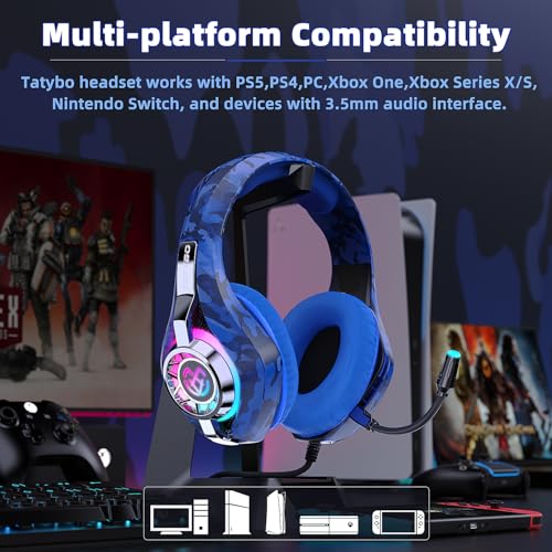 Tatybo Gaming Headset for PS5 PS4 Switch Xbox PC, Surround Sound Gaming Headphones with Noise Canceling Mic - color: Blue Camo