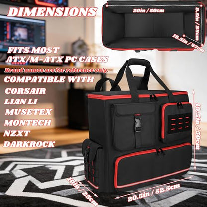 Desktop PC Tower Backpack for ATX/M-ATX Case with Bottom Pad | Padded PC Travel Bag with 6 Storage Pockets, MOLLE Side Pockets, Reflective Strips, Trolley Strap and Shoulder Straps, Black