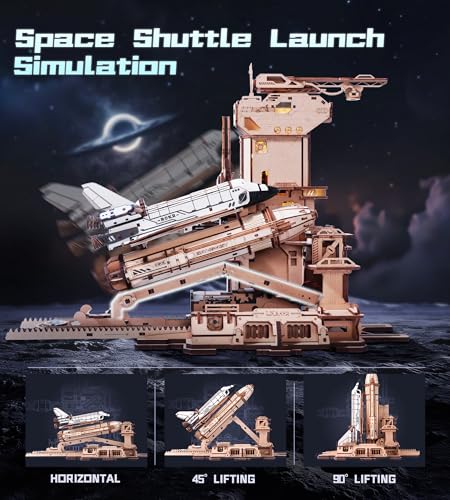 ROKR 3D Wooden Puzzles Space Shuttle-Dynamic Launch Base with Motorized Lift, LED Light Effects, 1:420 Scale Collectible Building Kit Airplane Wooden Puzzles Gift for Adults