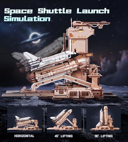 ROKR 3D Wooden Puzzles Space Shuttle-Dynamic Launch Base with Motorized Lift, LED Light Effects, 1:420 Scale Collectible Building Kit Airplane Wooden Puzzles Gift for Adults