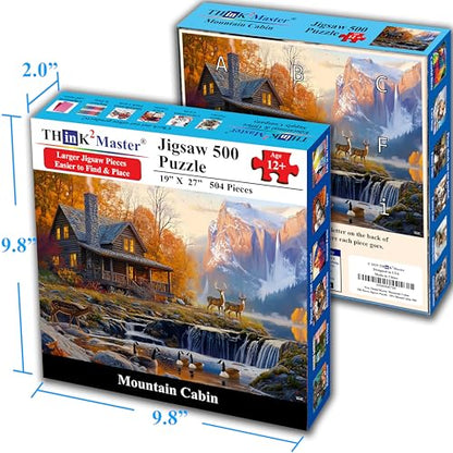 Think2Master Cabin by the Falls 500 Pieces Large Format Jigsaw Puzzle: 13+, Teens, Adults & Families. Scenic Autumn Mountain Landscape with Log Cabin, Waterfall. Great Gift. Size: 26.8” X 18.9” - style: Cabin by the Falls