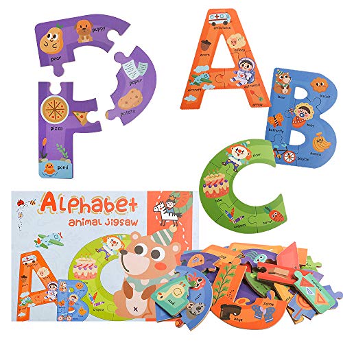 Wooden Jumbo Alphabet ABC Letter Toddler Puzzles Color Shape Animals Recognition Montessori STEM Jigsaw Preschool Learning Educational Toy for Kids 3 4 5 Years Old Boys Girls - style: Alphabet
