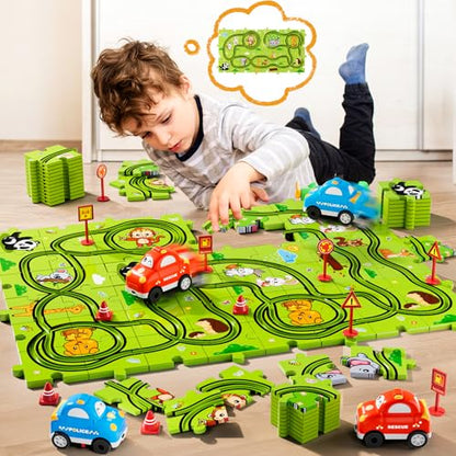 Beby Buty 48PCS Puzzle Race Track Car Set Toys for Kids Boys, Floor Puzzle Car Tracks for Boys Ages 3-5 4-6, Toddler Toys Gifts for 3 4 5 Year Old Kids, Ideal 3 4 5 6 Year Old Birthday Gifts - style: 48 PCS Animal Theme